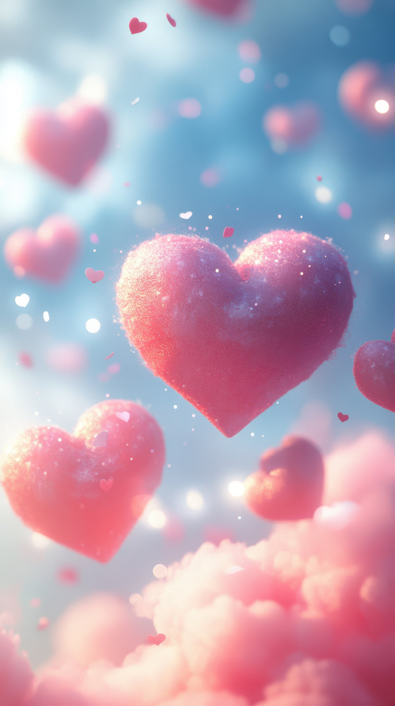 Floating pastel hearts creating a dreamy atmosphere in a whimsical sky filled with soft clouds and sparkling lights